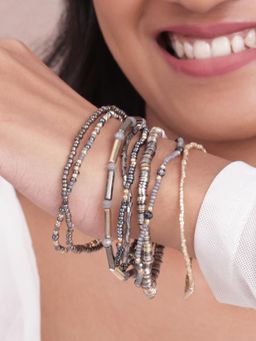 ToniQ - Silver and Pewter Multi-Strand Beaded Slip-On Bracelet