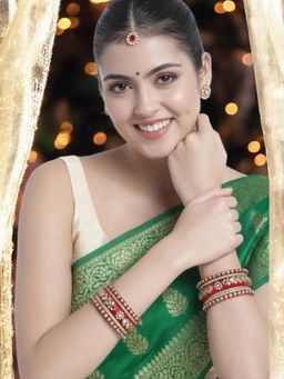 OOMPH - Red Bridal Chuda Bangle Set Silk Thread and Kundan (Pack of 10) (2.6)