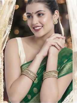 OOMPH - Light Gold Bridal Chuda Bangle Set With Silk Thread and Kundan (Pack of 10) (2.6)