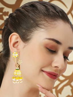 OOMPH - Yellow Meenakari Jhumka Earrings - Kundan Stones in Peacock Design