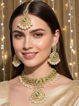 OOMPH - Gold and Green Meenakari Kundan Choker Necklace Set - Jadau Patwa Work