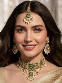 OOMPH - Gold and Green Meenakari Kundan Choker Necklace Set - Jadau Patwa Work