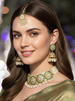 OOMPH - Gold and Green Meenakari Kundan Choker Necklace Set - Jadau Patwa Work