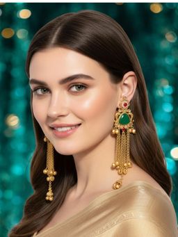 OOMPH - Long Kashmiri Drop Earrings - Floral Design with Ghungroo Detailing