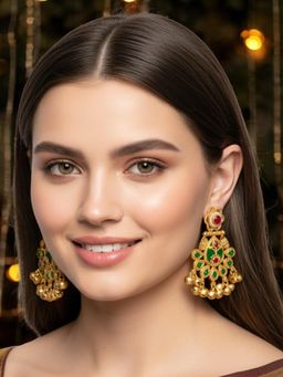 OOMPH - Gold Heritage Kashmiri Drop Earrings - Floral Design with Ghungroo Detailing