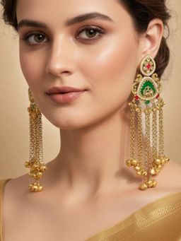 OOMPH - Long Kashmiri Drop Earrings - Peacock Design with Ghungroo Detailing