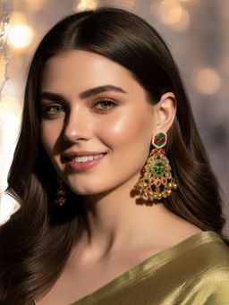 OOMPH - Gold Heritage Kashmiri Drop Earrings - Peacock Design with Ghungroo Detailing
