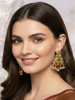 OOMPH - Gold Heritage Kashmiri Drop Earrings - Peacock Design with Ghungroo Detailing