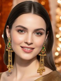 OOMPH - Long Kashmiri Drop Earrings - Peacock Design with Ghungroo Detailing