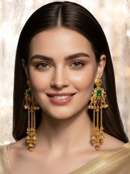OOMPH - Long Kashmiri Drop Earrings - Peacock Design with Ghungroo Detailing
