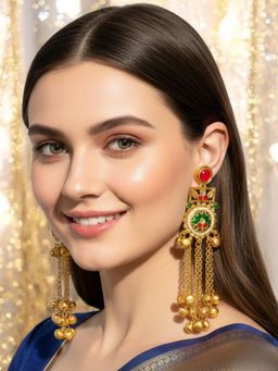 OOMPH - Long Kashmiri Drop Earrings - Floral Design with Ghungroo Detailing