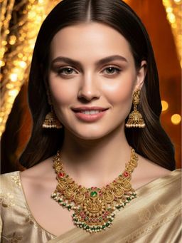 OOMPH - Goddess Laxmi Choker Necklace Set - Temple Theme with Kempu Stones