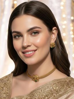 OOMPH - Elephant Design Choker Necklace Set - Temple Theme - Green Kempu Stone