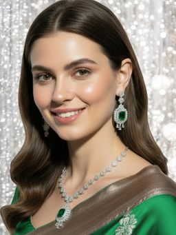 OOMPH - Green American Diamond Pendant Necklace Set - Party-Wear