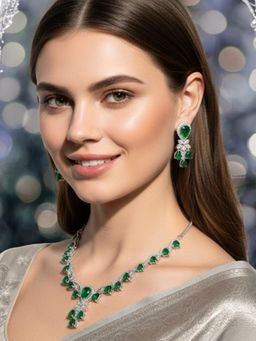 OOMPH - Green American Diamond Pendant Necklace Set - Teardrop Statement Design