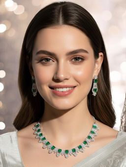 OOMPH - Green American Diamond Necklace Set - Party Wear