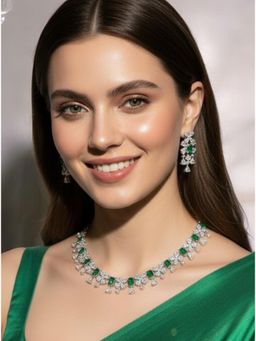 OOMPH - Green American Diamond Necklace Set - Party Wear