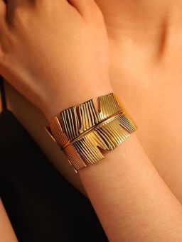 OOMPH - Gold Tone Broad Hand Cuff Bracelet - Party-Wear