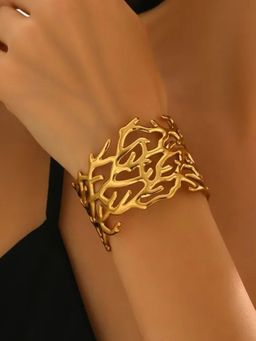 OOMPH - Gold Tone Broad Hand Cuff Bracelet - Party-Wear