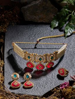 Zaveri Pearls - Multicolor Stones Diamonds Choker Necklace Earring and Ring Set-ZPFK21790