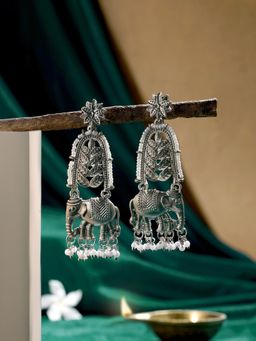 Zaveri Pearls - Silver Antique Tone Elephant Oxidised Pearls Dangler Earring-ZPFK21806