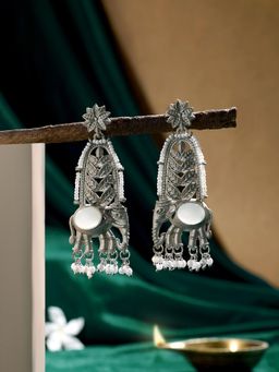 Zaveri Pearls - Silver Antique Tone Elephant Oxidised Pearls Dangler Earring-ZPFK21807