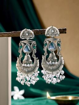 Zaveri Pearls - Blue Stones Antique Oxidised Pearls Jhumka Dangler Earrings-ZPFK21811