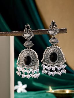 Zaveri Pearls - Black Stones Antique Oxidised Pearls Dangler Earrings-ZPFK21813