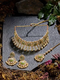 Zaveri Pearls - Green Stones Kundan Choker Necklace Earring and Maangtikka Set-ZPFK21819