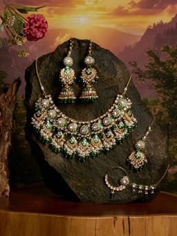Zaveri Pearls - Green Meenakari Choker Necklace Earring Maangtikka Nose Ring-ZPFK21837
