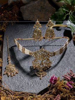 Zaveri Pearls - Gold Tone Multistrand Choker Necklace Earring Maangtikka Set-ZPFK21840