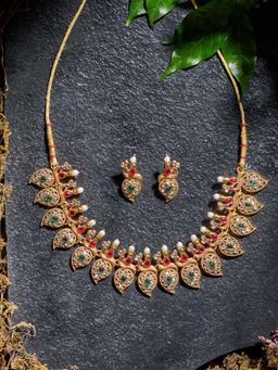 Zaveri Pearls - Pink Green Stones Peacock Inspired Necklace and Earring Set-ZPFK21841