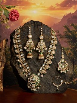 Zaveri Pearls - Green Meenakari Necklace Earring Maangtikka and Nose Ring Set-ZPFK21848