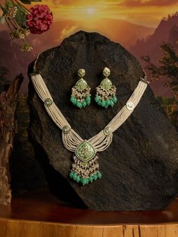 Zaveri Pearls - Mint Green Meenakari Multistrand Beaded Necklace Earring Set-ZPFK21849