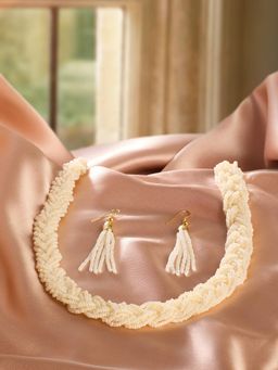 Zaveri Pearls - Off White Multistrand Plaited Beads Fusion Necklace Earring-ZPFK21889