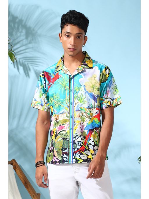Loudless Red Macaw Cuban Collar Printed Half Sleeves Shirt for Men
