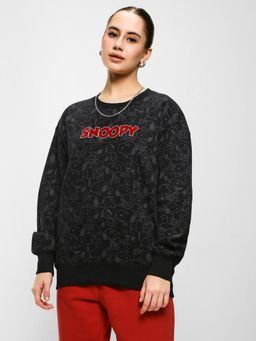 Bewakoof - Official Peanuts Women's Black Snoopy All Over Printed Oversized Sweatshirt
