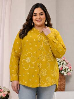 Extra love by Libas - Mustard Floral Mandarin Neck Shirt