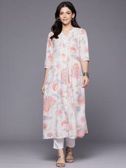Ahalyaa - White Floral Mandarin Neck Kurta