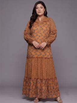 A plus by Ahalyaa - Mustard Floral Mandarin Neck Dress