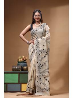 Boveee - Beige Embroidered Thread Work Saree without Blouse