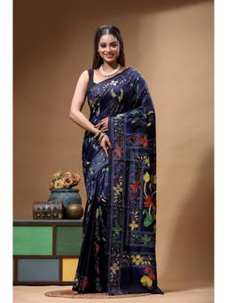 Boveee - Navy Blue Embroidered Thread Work Saree without Blouse