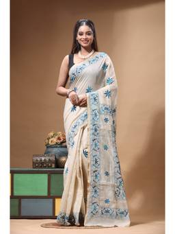 Boveee - Beige Embroidered Thread Work Saree without Blouse