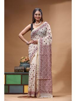 Boveee - Beige Embroidered Thread Work Saree without Blouse