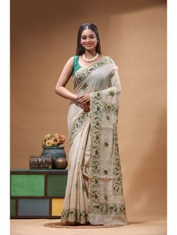 Boveee - Beige Embroidered Thread Work Saree without Blouse