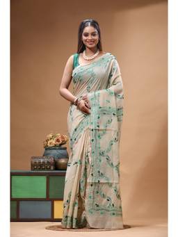 Boveee - Beige Embroidered Thread Work Saree without Blouse