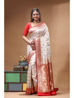 Boveee - Off White Woven Zari Saree without Blouse