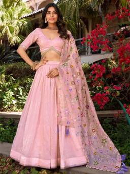 Kedar Fab - Pink Embroidered Sweetheart Lehenga Unstitched Choli with Dupatta