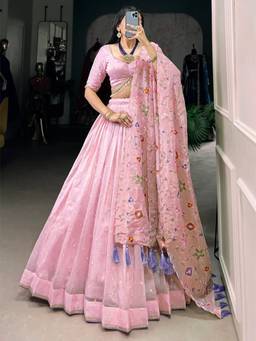Kedar Fab - Pink Embroidered Sweetheart Lehenga Unstitched Choli with Dupatta