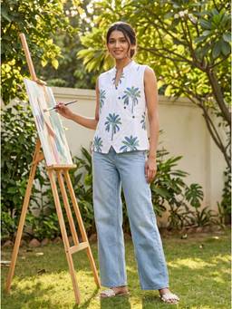 Vastara TheLabel - White Floral Mandarin Neck Top